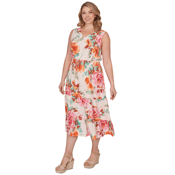Plus Size Ruby Rd. Renaissance Romance V Neck Floral Midi Dress