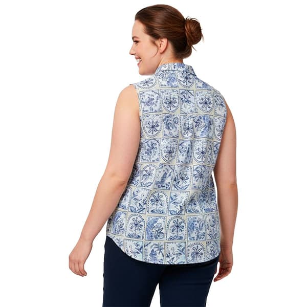 Plus Size Erika Sleeveless Tropical Postcard Button Front Blouse