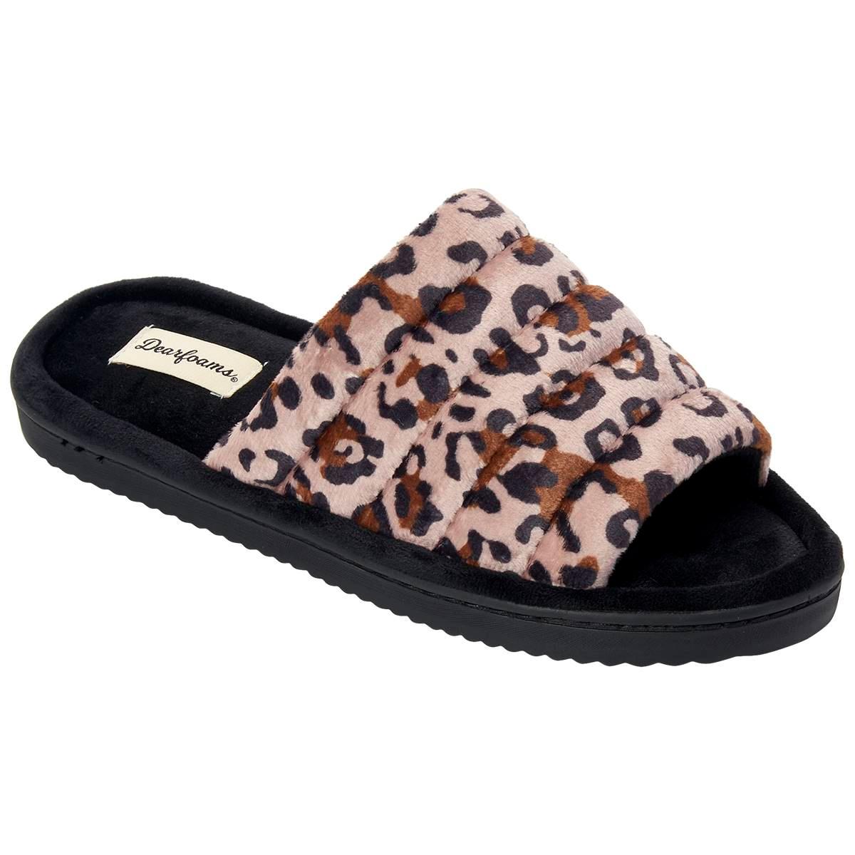 Womens Dearfoams® Ana Leopard Quilted Velour Slide Slippers