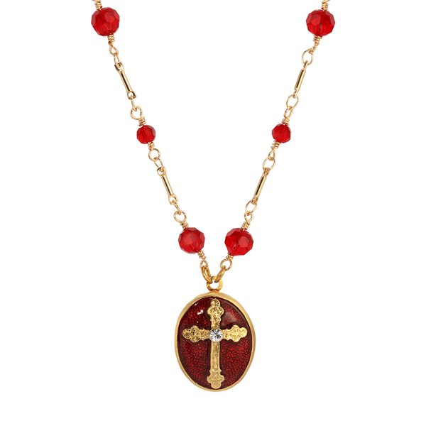 Symbols of Faith Enamel Cross Oval Locket Beaded Chain Necklace - image 