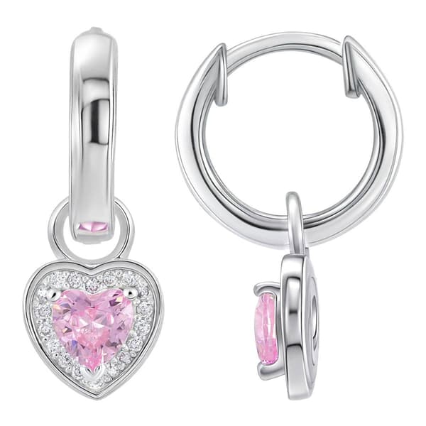 Sterling Silver Endless Hoop with Pink CZ Heart Charm Earrings - image 