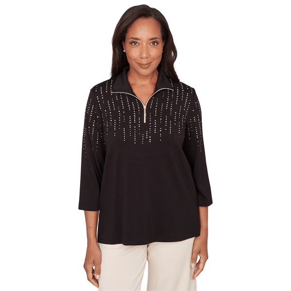 Petites Alfred Dunner Seville Heat Set Embellished Zip Mock Neck