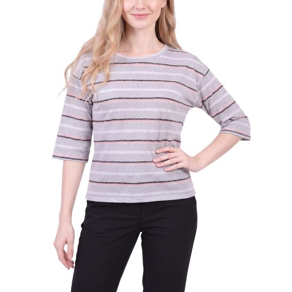 Petites NY Collection 3/4 Slv Scoopnk Y/D Hacci Stripe Spr Top - image 
