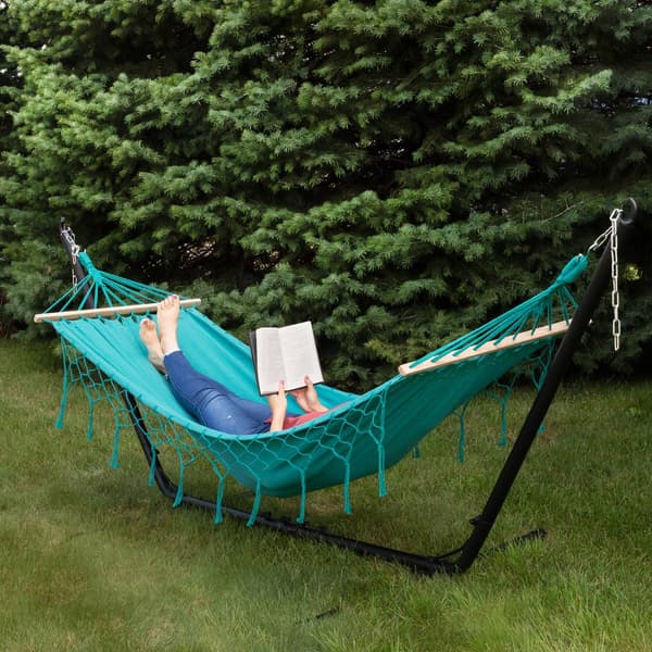 Northlight Seasonal Hammock w/ Netted Fringe & Wooden Bars
