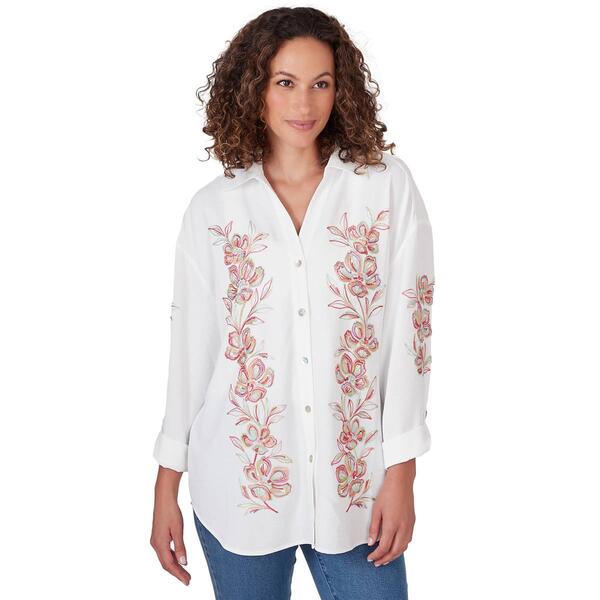 Petite Ruby Rd. Tropical Splash 3/4 Sleeve Woven Solid Crepe Top - image 
