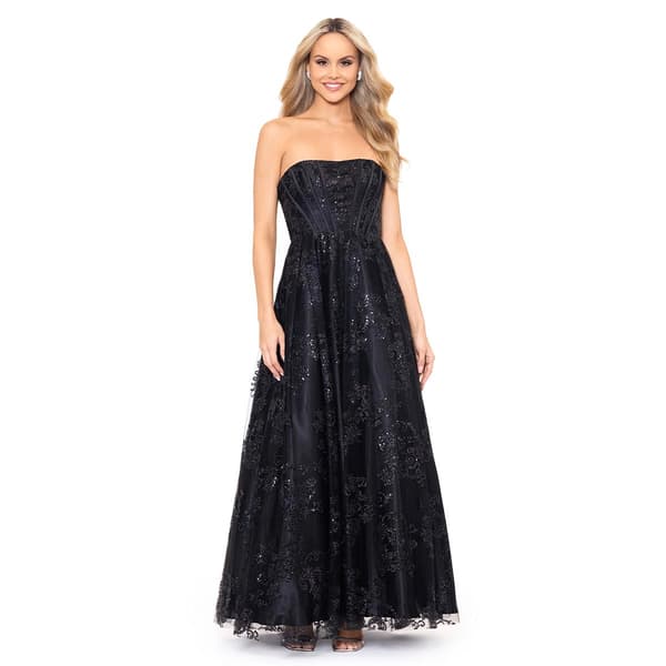 Juniors Blondie Nites Glitter Mesh Strapless Corset A-Line Dress
