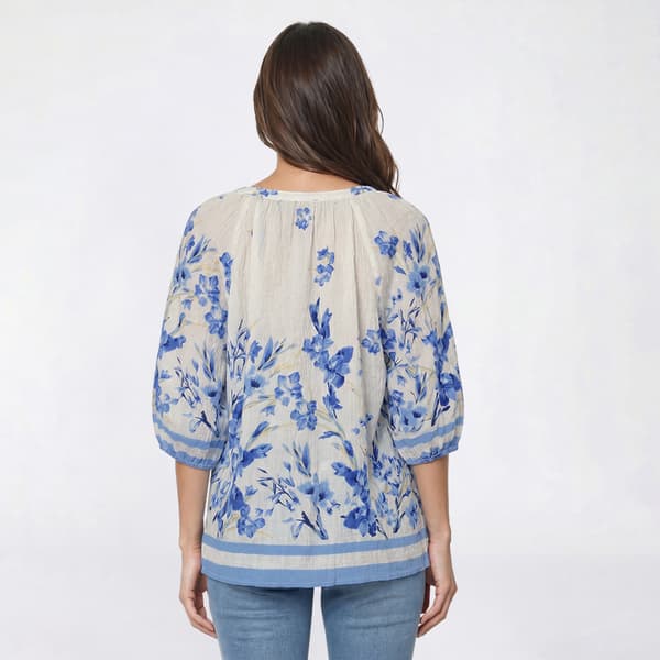 Womens Como Black Elbow Sleeve Floral Woven Henley Blouse