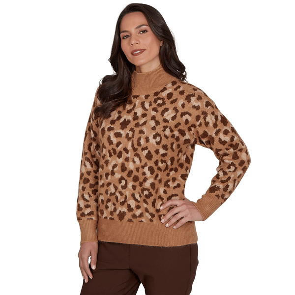 Womens Hearts of Palm Berry Fabulous Mock Neck Leopard Sweater