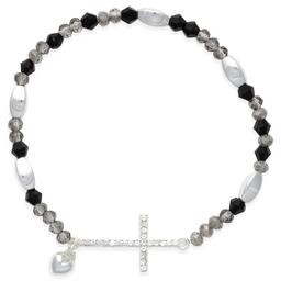 Beautiful Blessings Hematite Jet Stone Stretch Bracelet w/ Cross