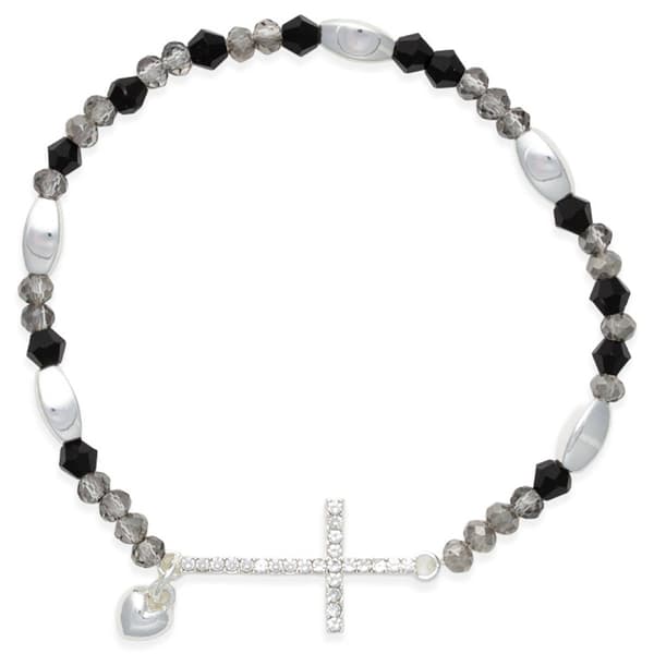 Beautiful Blessings Hematite Jet Stone Stretch Bracelet w/ Cross