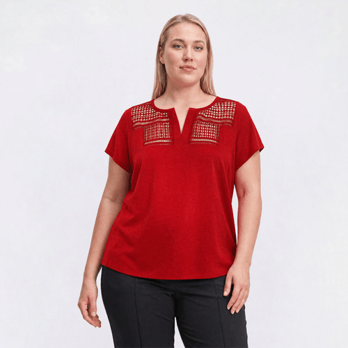 Plus Size Aimee & Coco Short Sleeve Lace Split Neck Knit Blouse - image 