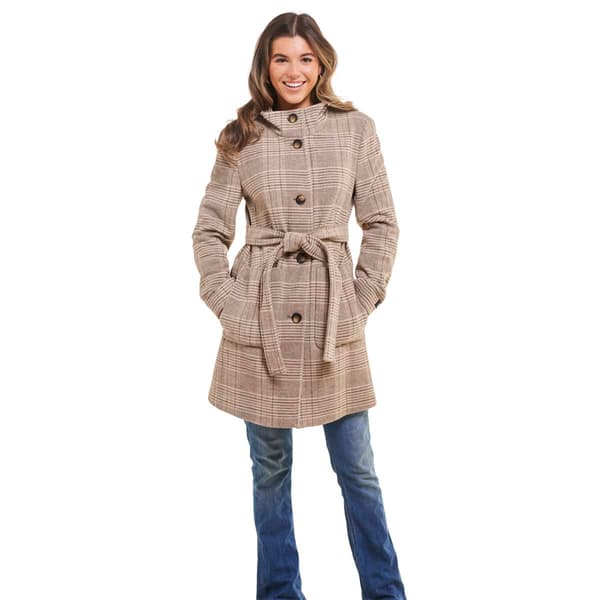 Womens DKNY Stand Collar Plaid Wool Coat