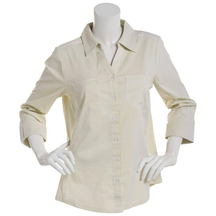 Womens Emily Daniels Long Sleeve Button Front Top - White/Green