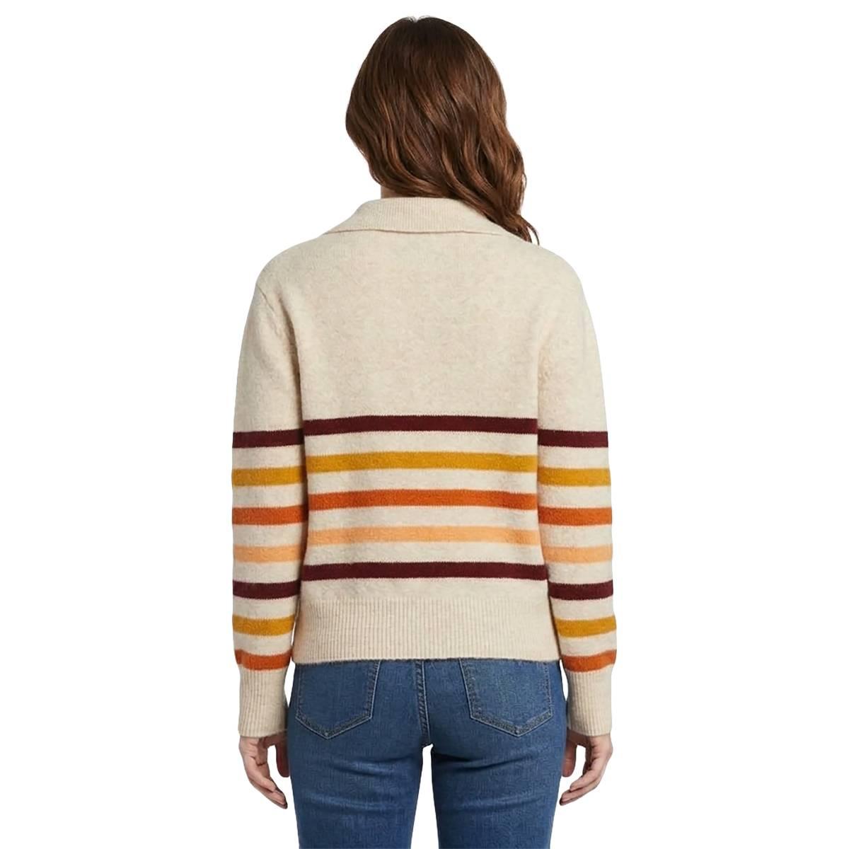 Womens Bobeau Long Sleeve Stripe Spread Collar Sweater - Oatmeal