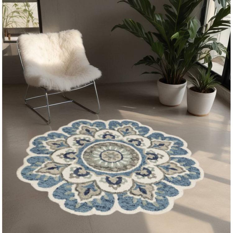 9th & Pike® Round Wool Blue & Cream Floral Hand Tufted Area Rug