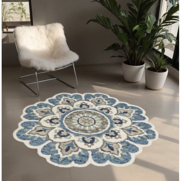 9th & Pike® Round Wool Blue & Cream Floral Hand Tufted Area Rug