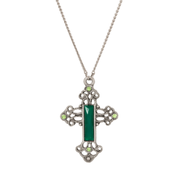 Symbols of Faith Pewter Silver Tone Green Cross 30 Necklace