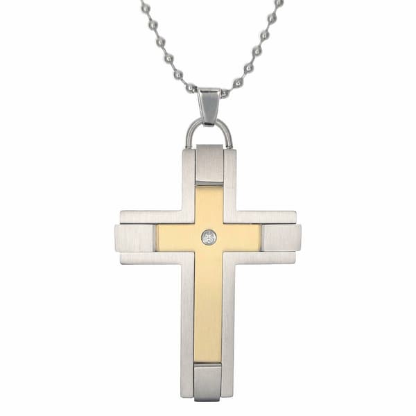 Mens Lynx Stainless 1/8ctw. Diamond & Gold-Tone IP Cross Pendant - image 