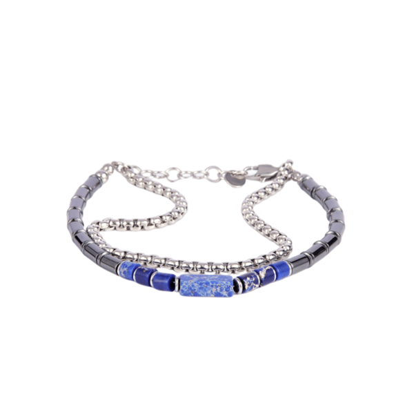 Mens Iron Saints Silver & Blue Bead Box Chain Layered Bracelets