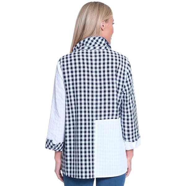 Plus Size Ali Miles 3/4 Sleeve Gingham & Solid Button Front Blous