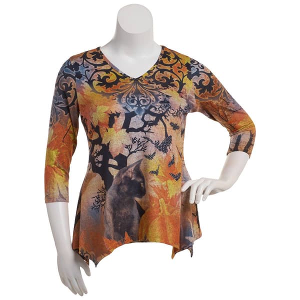 Womens OneWorld 3/4 Sleeve Pumpkin Tales V-Neck Tee