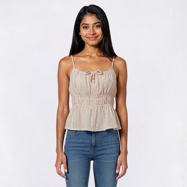 Juniors No Comment Lurex Striped Cropped Tank Top With Bead Tie - image 