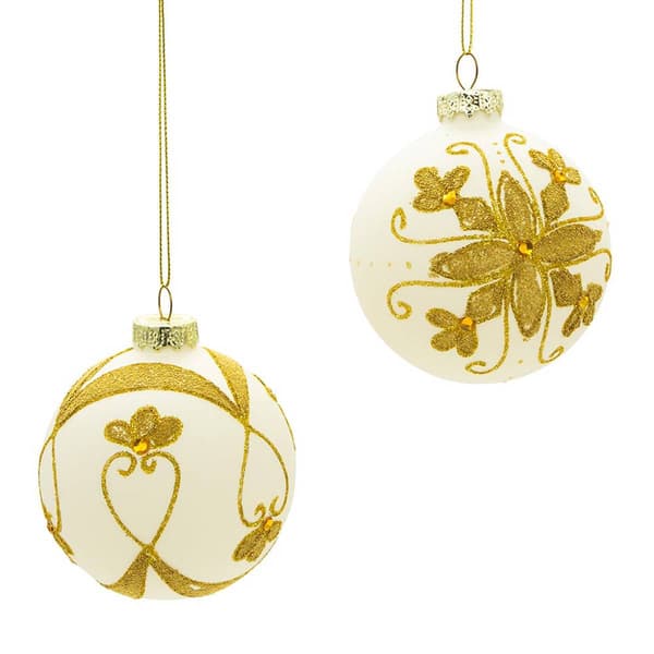 Kurt Adler 80mm White Balls w/ Gold Beads 6pc. Set