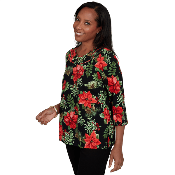 Womens Alfred Dunner Classics 3/4 Sleeve Poinsettia Blouse