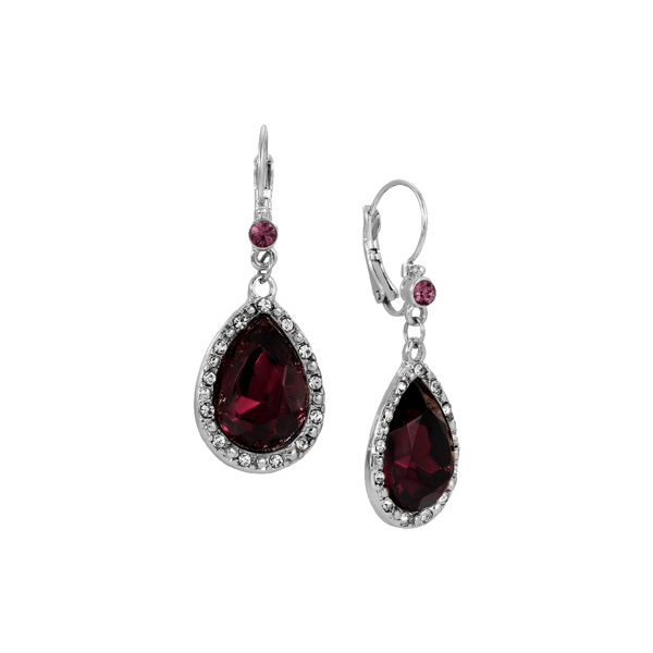 1928 Silver-Tone Purple Teardrop Leverback Earrings - image 
