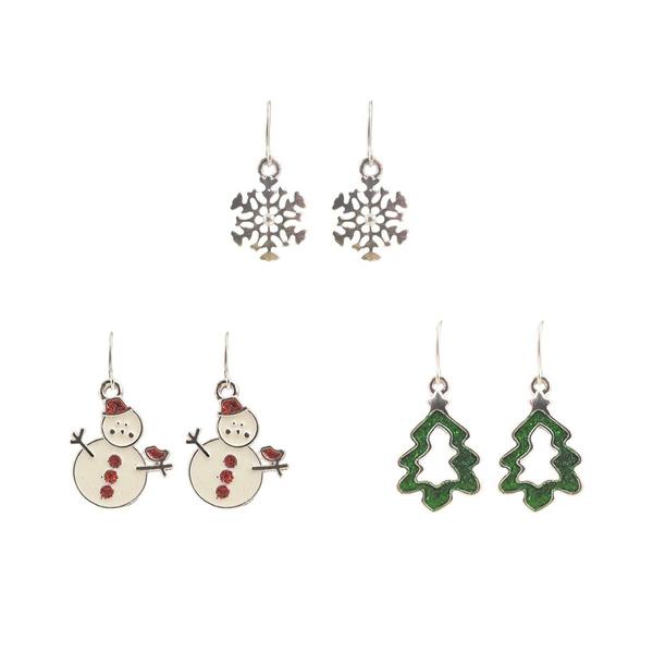 Silver Snowflake Christmas Tree & Snowman Trio Earrings Set - image 