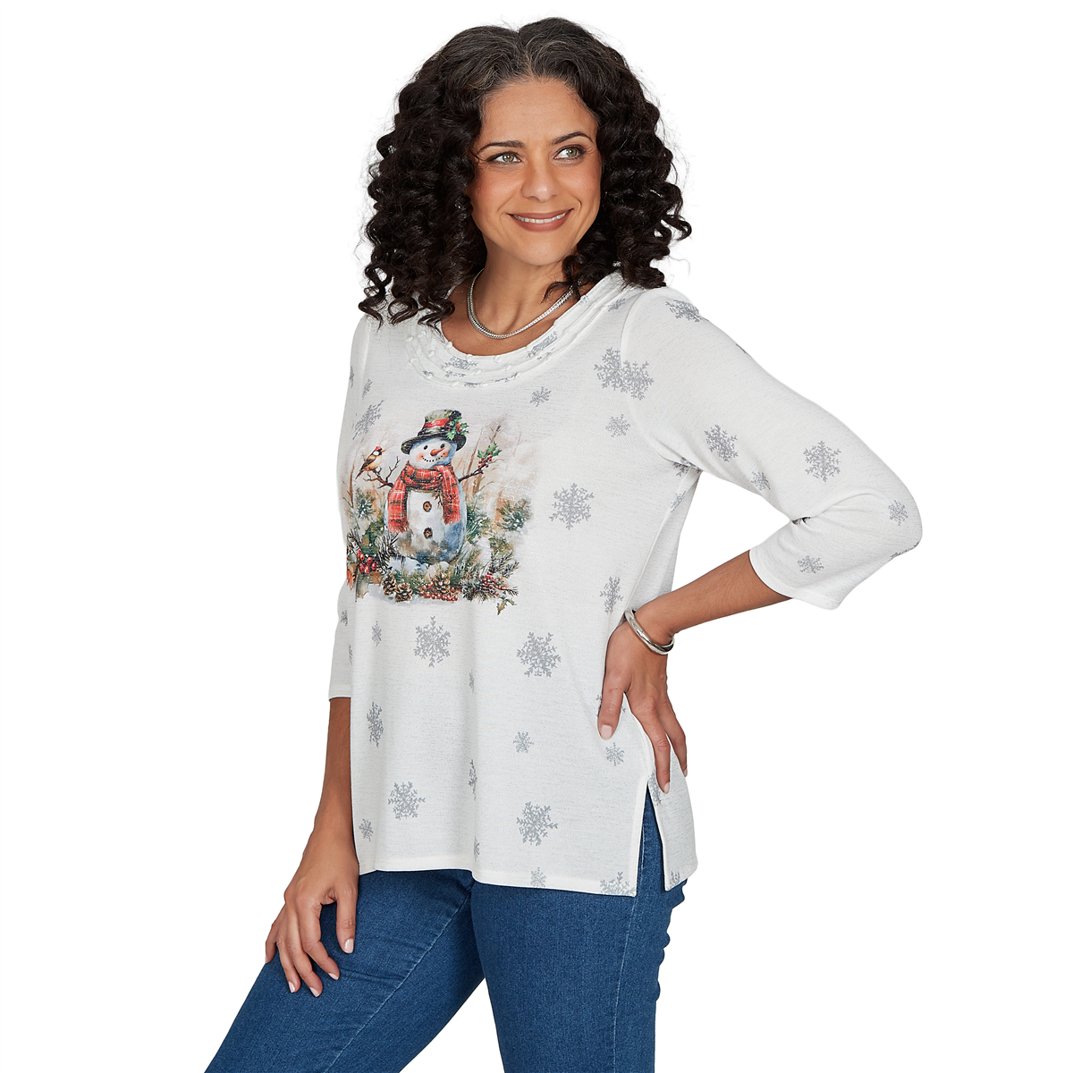 Womens Alfred Dunner Classics Shimmering Snowman Tee