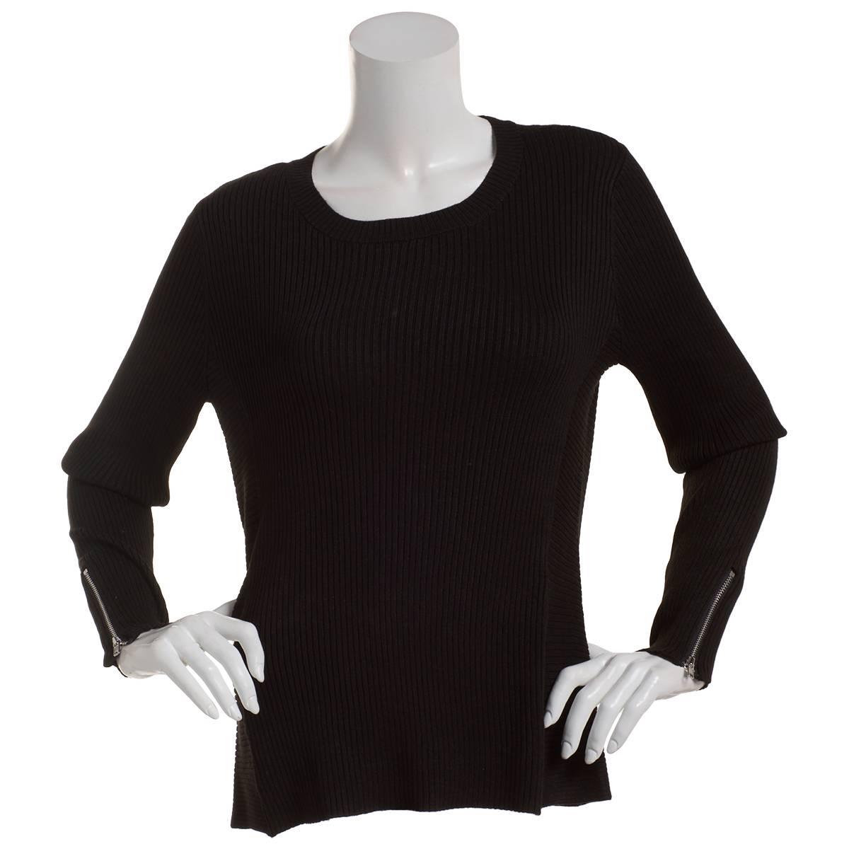 Womens Retrology Allover Rib Crew Neck Zipper Sleeve Sweater
