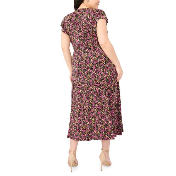 Plus Size MSK Flutter Cap Sleeve V Neck Ditsy Floral Midi Dress