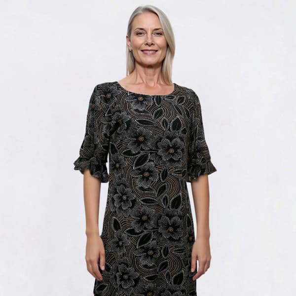 Womens Harper 241 Elbow Sleeve Boat Neck Floral Shift Dress-Brown