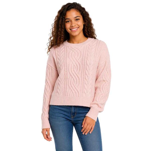 Juniors Pink Rose Mix Cable Balloon Sleeve Sweater - image 