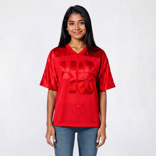 Juniors Jolie & Joy Oversized Mesh Satin Applique Football Jersey - image 