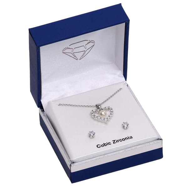 Silver-Tone CZ Open Heart Pendant & Earring Set - image 