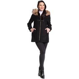 Plus Size Nine West Hooded Wool Blend Toggle Coat w/Faux Fur Trim