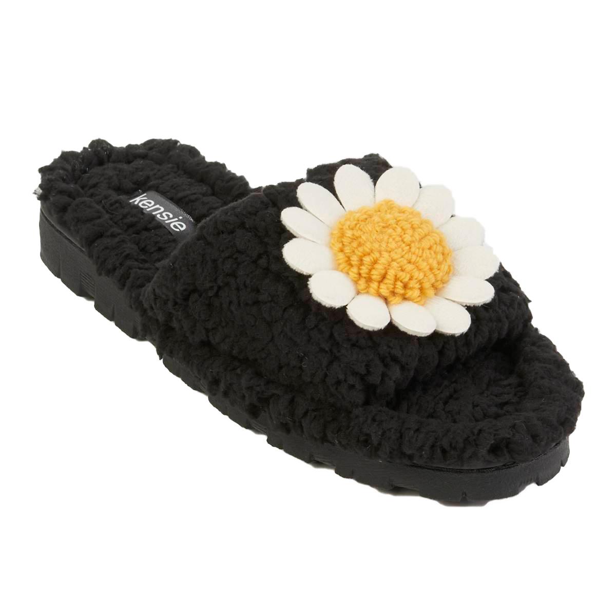 Womens Kensie Sherpa Slide Slippers with Flower Detail