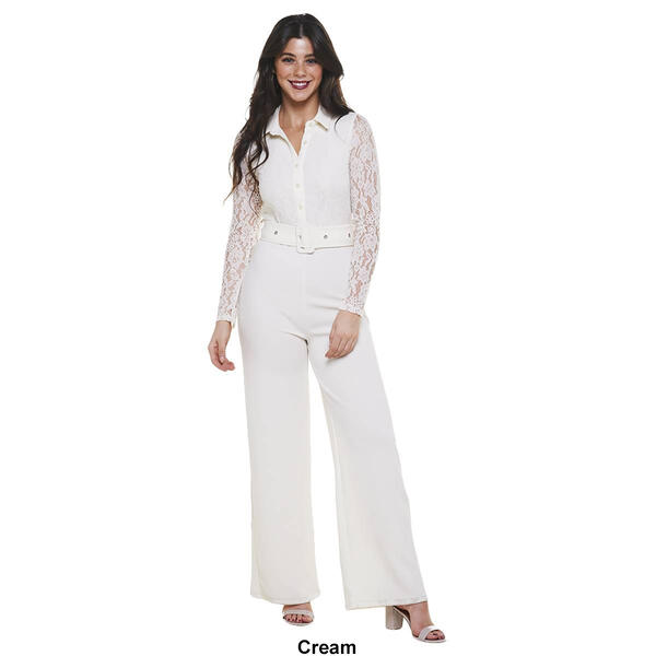 Juniors Almost Famous&#8482; Long Sleeve Lace Liverpool Belted Jumpsuit