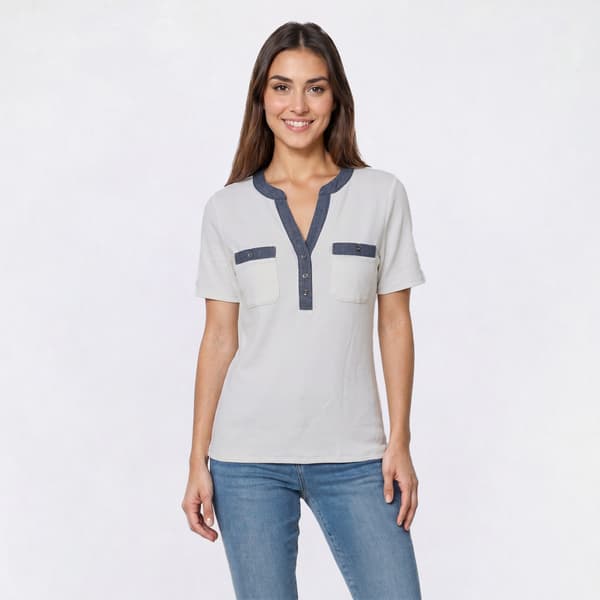 Womens Absolutely Famous Short Sleeve Denim Trim Henley Blouse