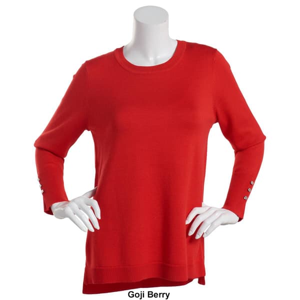 Womens Retrology Crew Neck Button Sleeve Side Slit Sweater