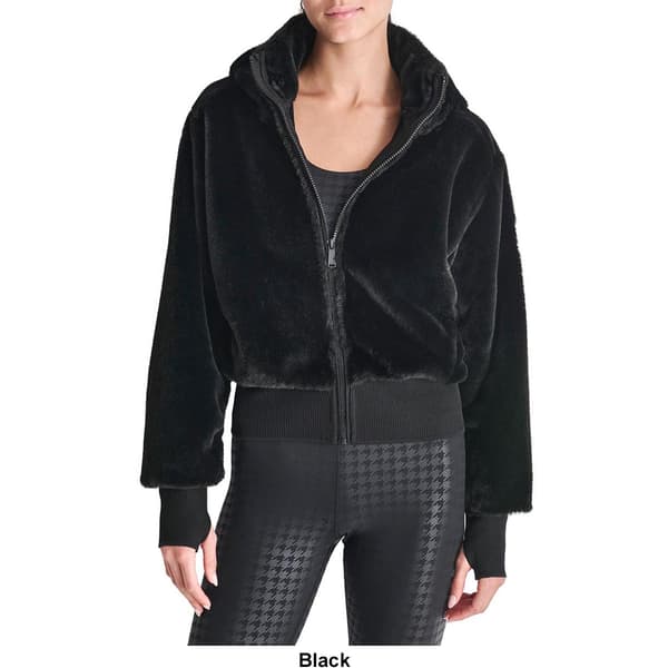 Womens DKNY Full Zip Terry Fur Bomber Removable Hood