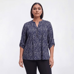 Plus Size Notations 3/4 Sleeve Floral Paisley Pleated Blouse