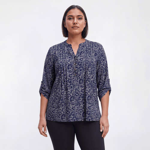 Plus Size Notations 3/4 Sleeve Floral Paisley Pleated Blouse