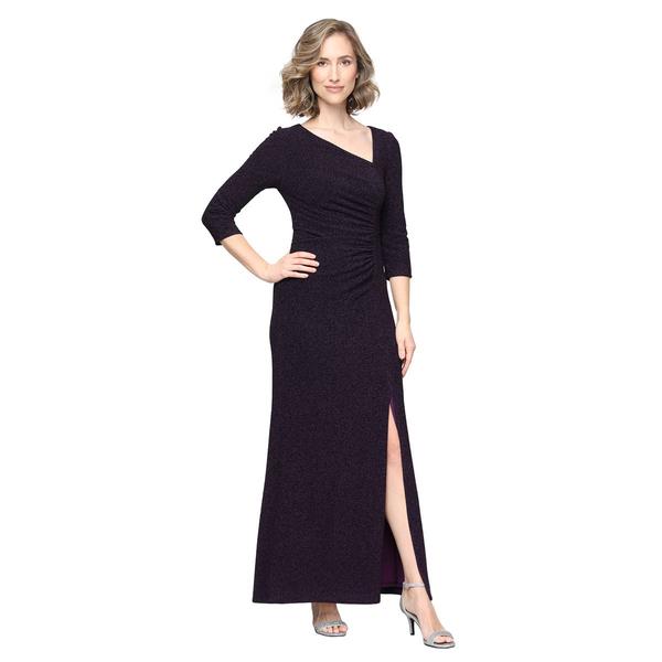 Womens SLNY Long Sleeve Metallic Knit Asymmetric Neck Gown