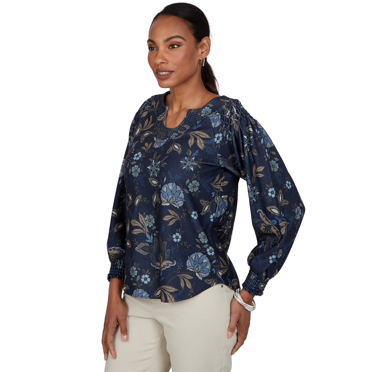 Womens Ruby Rd. Mythical Smocked Horseshoe Neck Floral Blouse