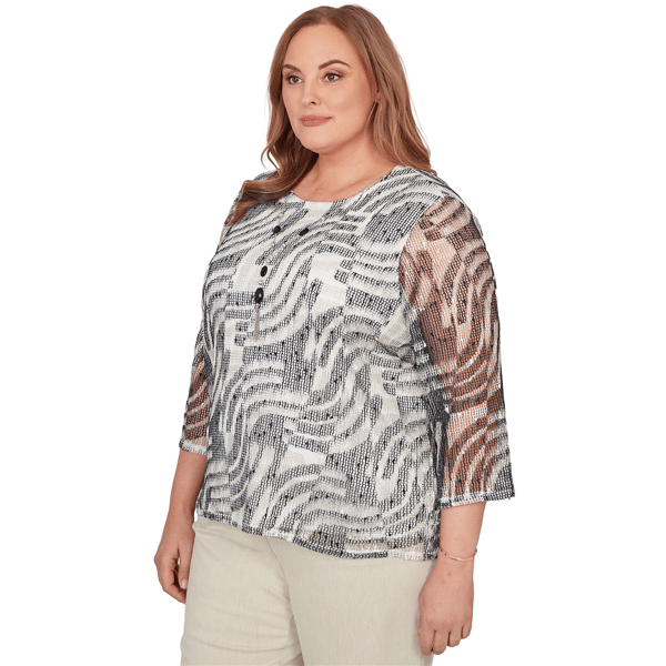 Plus Size Alfred Dunner Detail Driven 3/4 Sleeve Abstract Blouse