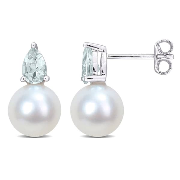Gemstone Classics(tm) Freshwater Pearl & Aquamarine Stud Earrings