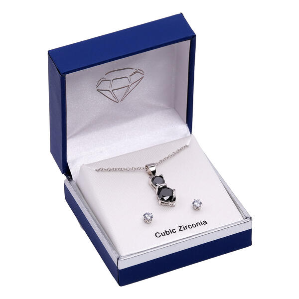 Silver-Tone Cubic Zirconia Cat Pendant Necklace & Earrings Set - image 
